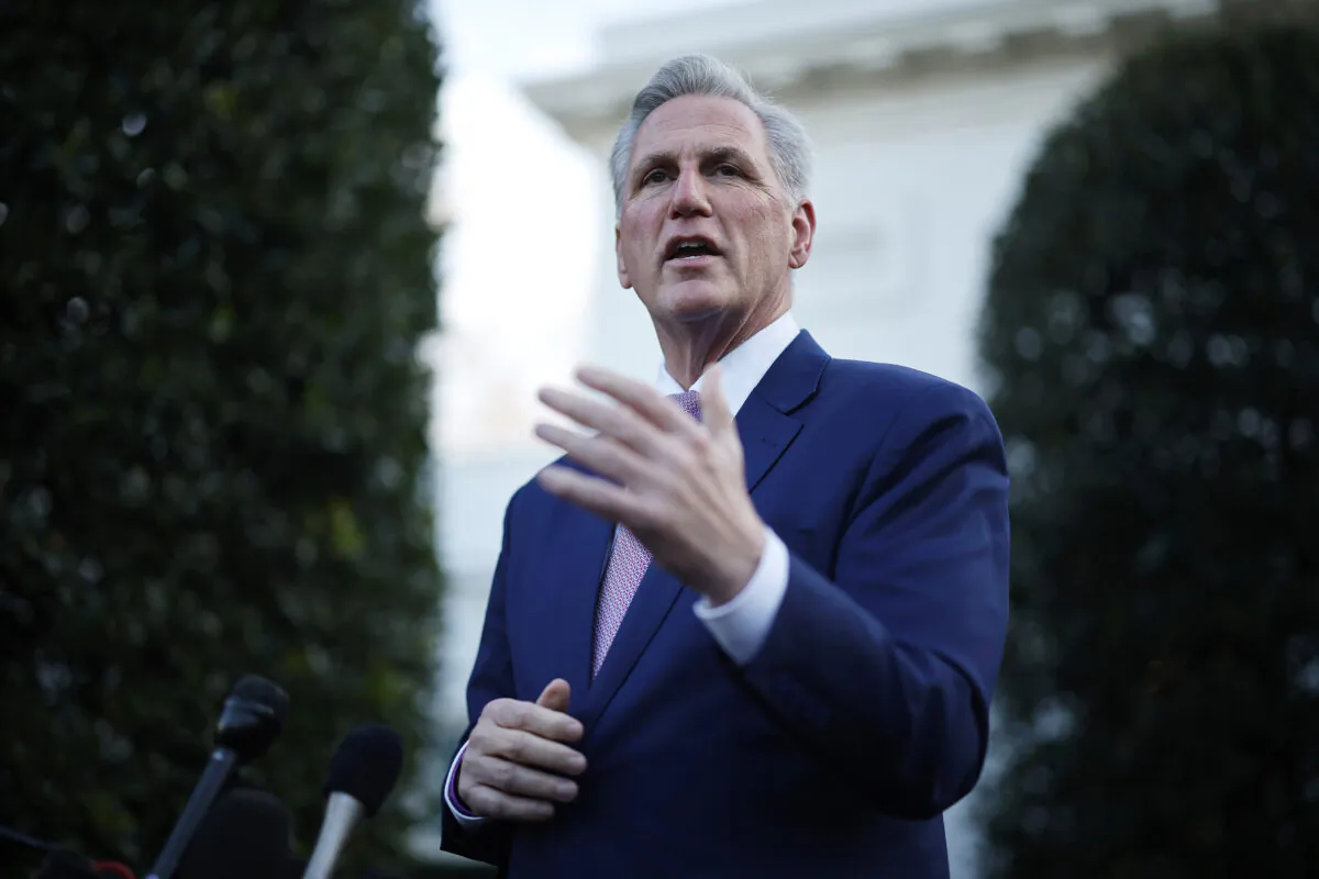 House Speaker Kevin McCarthy (R-Calif.) talks to reporters after meeting with U.S. President Joe Biden at the White House in Washington on Feb. 1, 2023. (Chip Somodevilla/Getty Images)