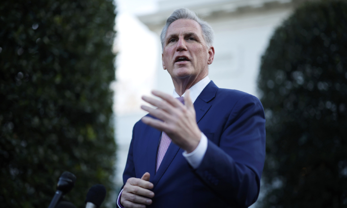 House Speaker Kevin McCarthy (R-Calif.) talks to reporters after meeting with U.S. President Joe Biden at the White House in Washington on Feb. 1, 2023. (Chip Somodevilla/Getty Images)