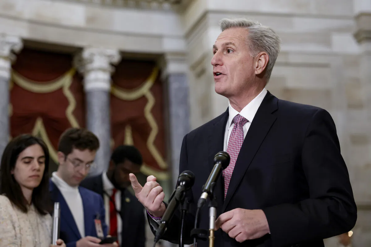 U.S. House Speaker Kevin McCarthy (R-CA) gives remarks at a news conference in Statuary Hall of the U.S. Capitol on Feb. 2, 2023. (Anna Moneymaker/Getty Images)