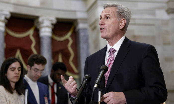 U.S. House Speaker Kevin McCarthy (R-CA) gives remarks at a news conference in Statuary Hall of the U.S. Capitol on February 02, 2023. (Anna Moneymaker/Getty Images)