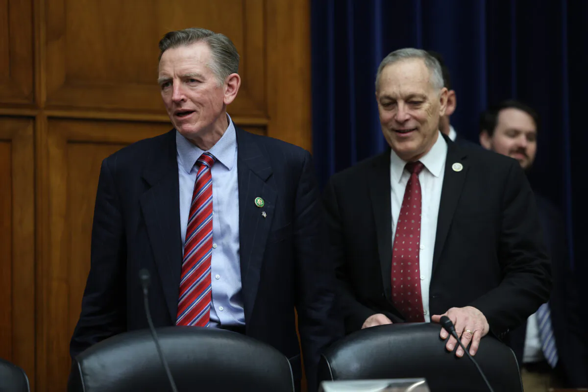 Rep. Paul Gosar (R-Ariz.) (L) and Rep. Andy Biggs (R-Ariz.) arrives for a House Oversight and Reform Committee meeting in the Rayburn House Office Building in Washington, D.C., on Jan. 31, 2023. (Kevin Dietsch/Getty Images)
