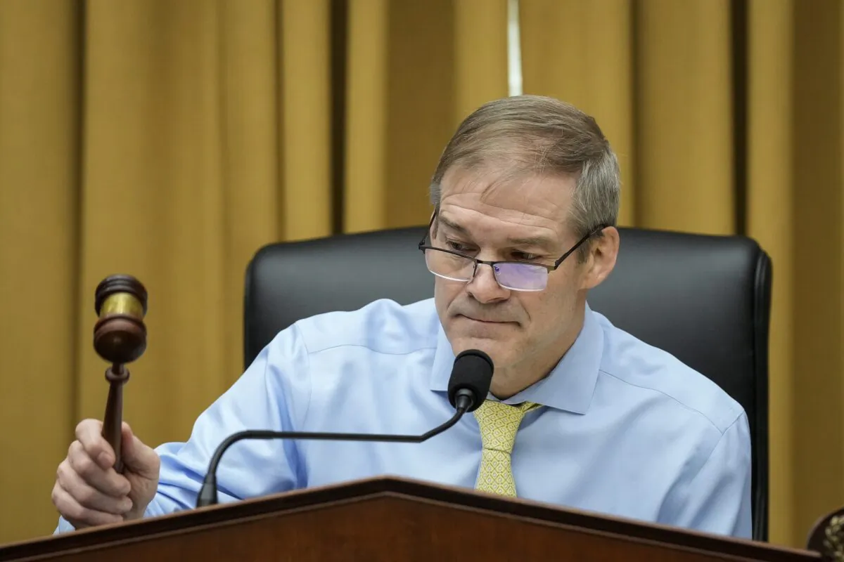 Rep. Jim Jordan (R-Ohio), chairman of the House Judiciary Committee, strikes the gavel to start a hearing on U.S. southern border security on Capitol Hill in Washington on Feb. 1, 2023. (Drew Angerer/Getty Images)