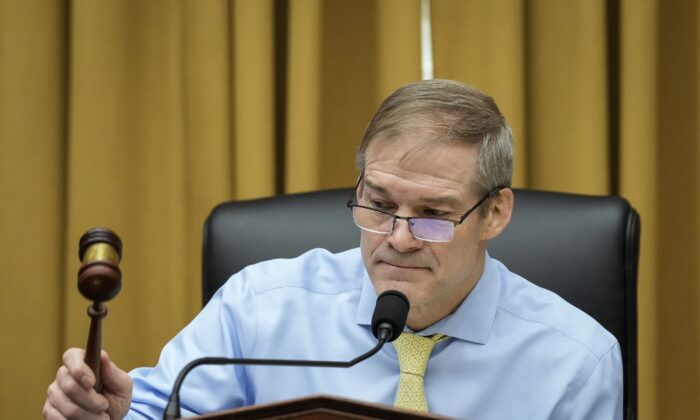 Rep. Jim Jordan (R-Ohio), Chairman of the House Judiciary Committee, strikes the gavel to start a hearing on U.S. southern border security on Capitol Hill in Washington on Feb. 1, 2023. (Drew Angerer/Getty Images)