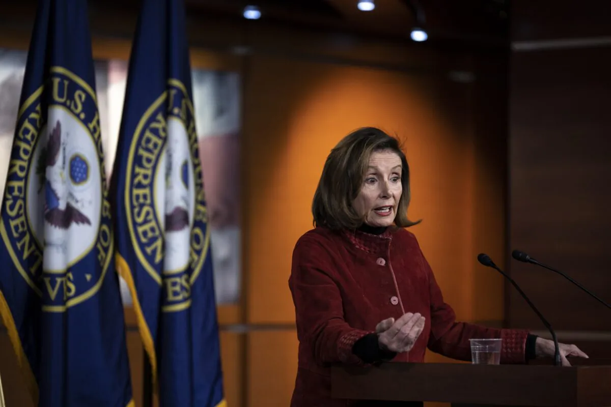 Then-Speaker of the House Nancy Pelosi (D-Calif.) speaks during her final weekly news conference at the U.S. Capitol in Washington on Dec. 22, 2022. (Drew Angerer/Getty Images)