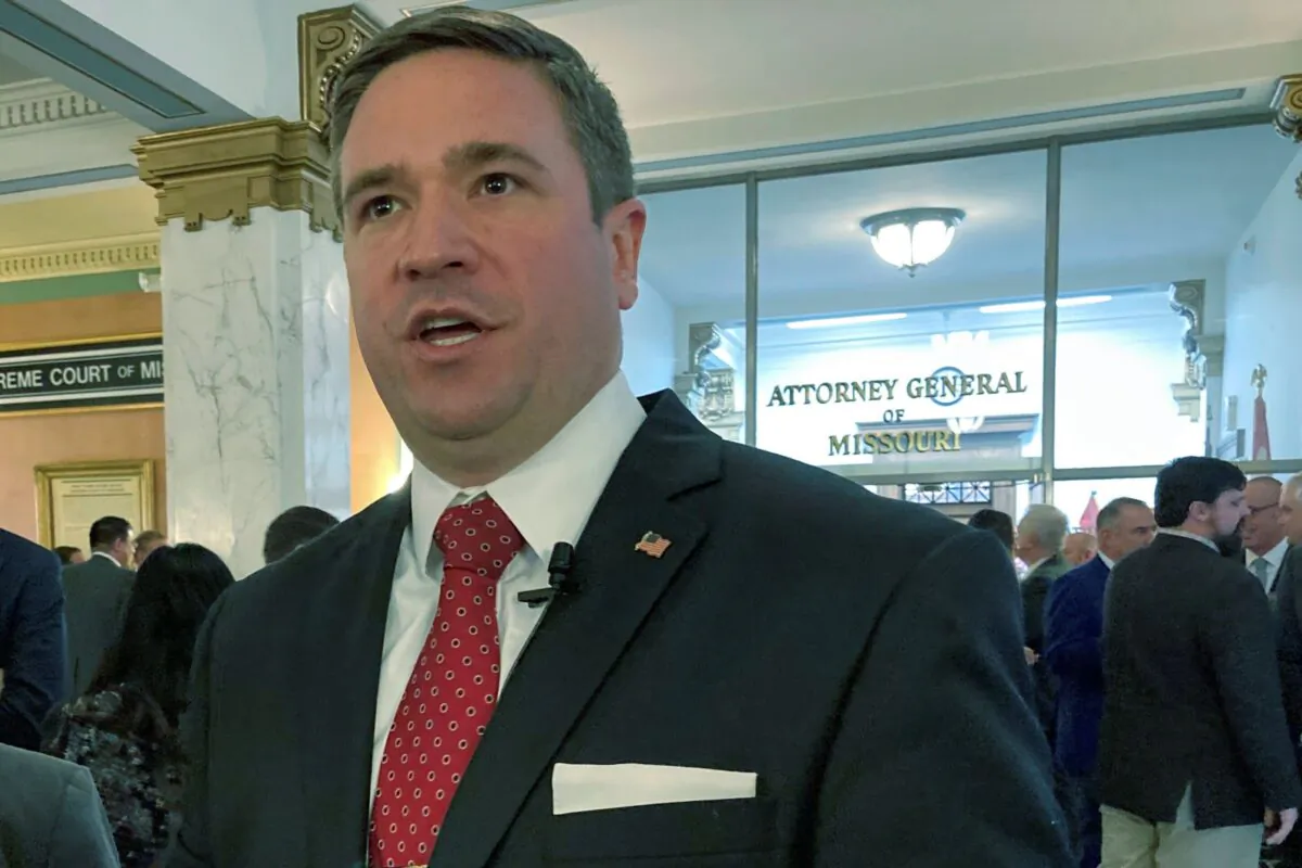 Missouri Attorney General Andrew Bailey speaks to reporters after taking the oath of office in Jefferson City, Mo., on Jan. 3, 2023. (David A. Lieb/AP Photo)