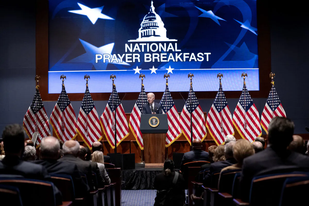 President Joe Biden addresses the National Prayer Breakfast at the U.S. Capitol on Feb. 3, 2022, in Washington. (Greg Nash-Pool/Getty Images)