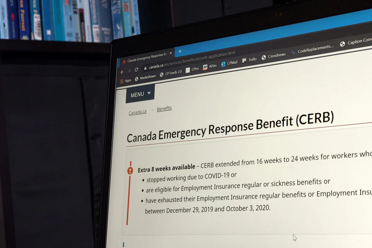 The landing page for the Canada Emergency Response Benefit is seen in Toronto on Aug. 10, 2020. (The Canadian Press/Giordano Ciampini)