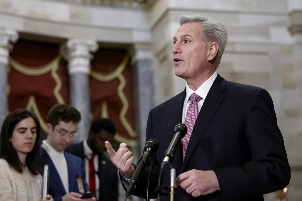House Speaker Kevin McCarthy (R-Calif.) gives remarks at a news conference in Statuary Hall of the Capitol Building in Washington on Feb. 2, 2023. (Anna Moneymaker/Getty Images)