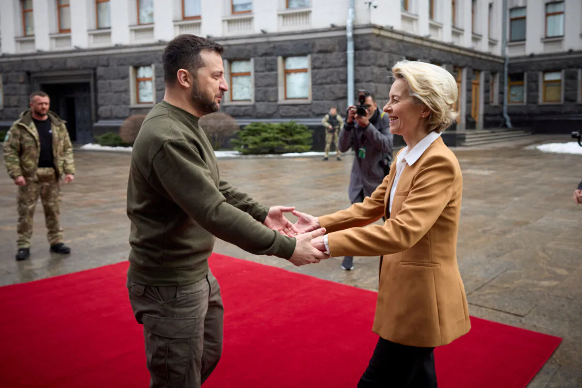 Ukrainian President Volodymyr Zelenskyy welcomes European Commission President Ursula von der Leyen, as Russia's attack on Ukraine continues, ahead of EU summit in Kyiv, Ukraine, on Feb. 2, 2023. (Ukrainian Presidential Press Service/Handout via Reuters)