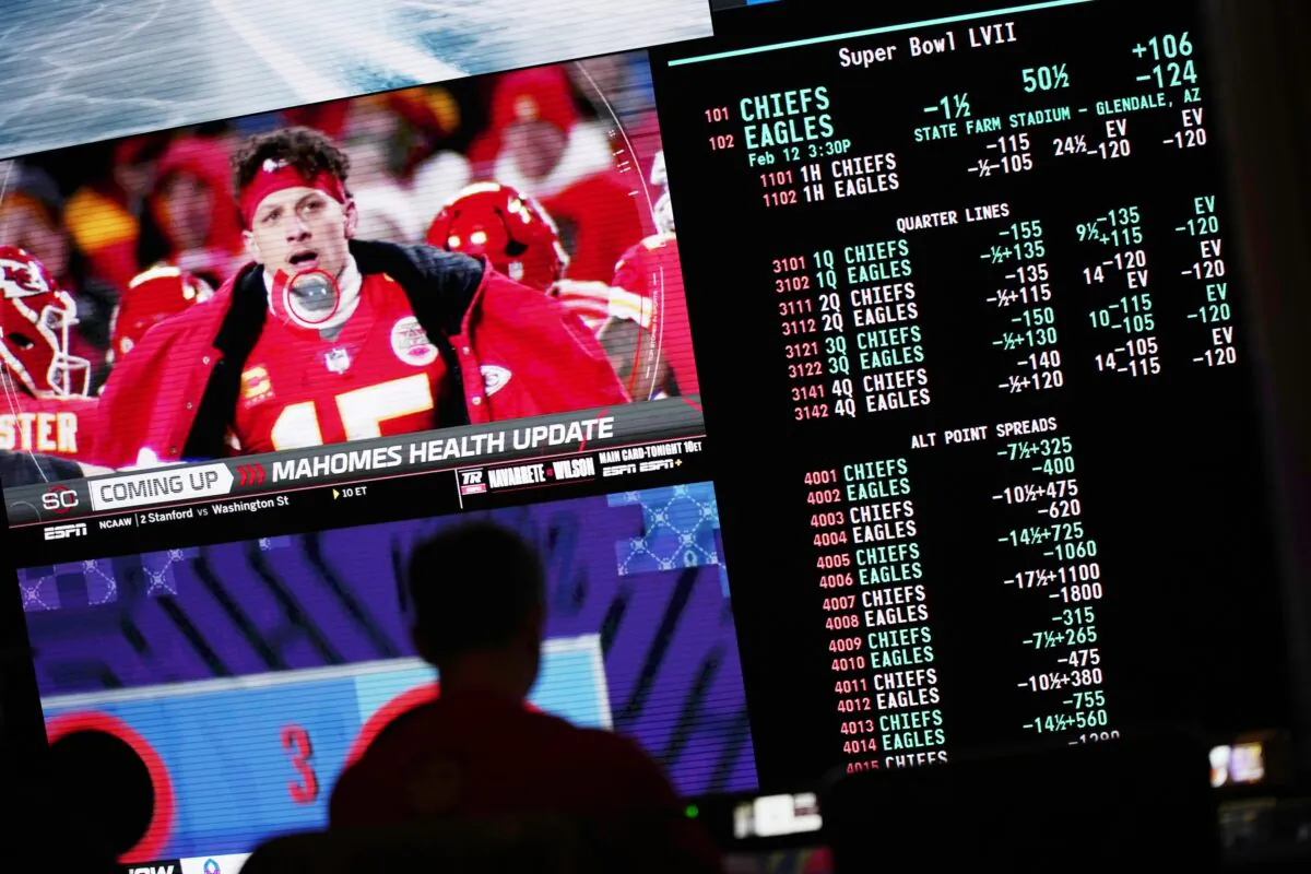 Betting odds for NFL football's Super Bowl are displayed on monitors at the Circa Resort & Casino sportsbook in Las Vegas on Feb. 3, 2023. (John Locher/AP Photo)