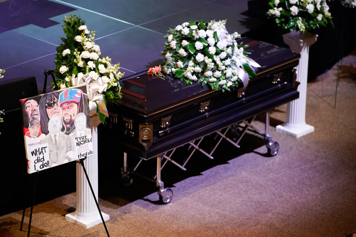 The casket of Tyre Nichols is seen during his funeral at Mississippi Boulevard Christian Church, in Memphis, Tenn., on Feb. 1, 2023. (Andrew Nelles/Pool/Getty Images)