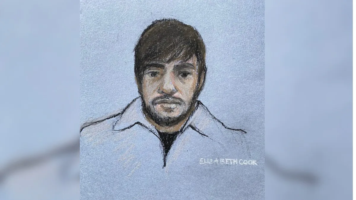 An artist's impression of Jaswant Singh Chail, who appeared on a video link at the Old Bailey in London on Feb. 3, 2023. (Elizabeth Cook/PA)