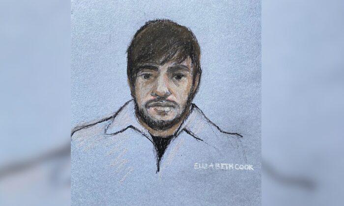 An artist's impression of Jaswant Singh Chail, who appeared on a video link at the Old Bailey in London on Feb. 3, 2023. (Elizabeth Cook/PA)
