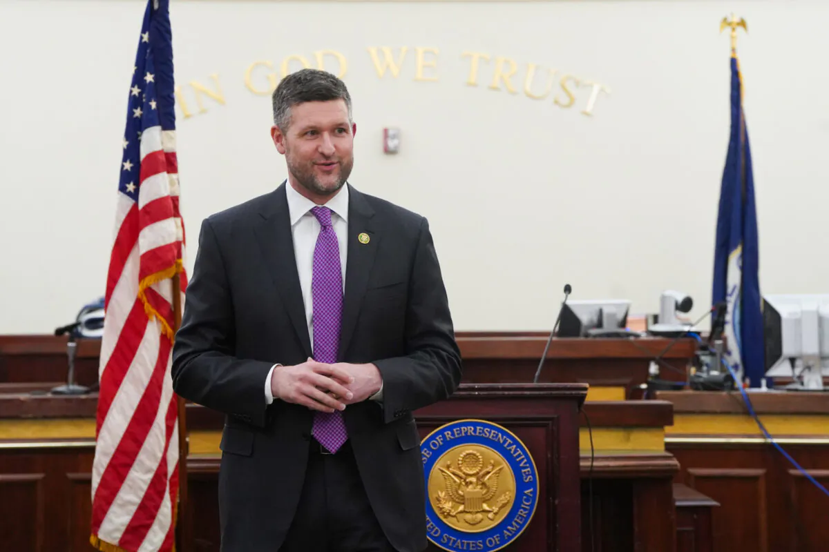 New York 18th District Congressman Patrick Ryan speaks at his first town hall since election in Beacon, New York, on Feb. 2, 2023. (Cara Ding/The Epoch Times)