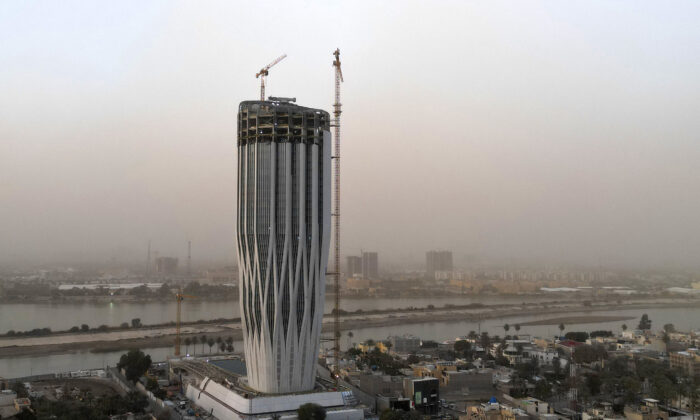 This aerial view shows the headquarters of the Central Bank of Iraq (CBI), designed by the late architect Zaha Hadid, on the banks of the Tigris river in the capital Baghdad, on Feb. 2, 2023. (AFP via Getty Images)