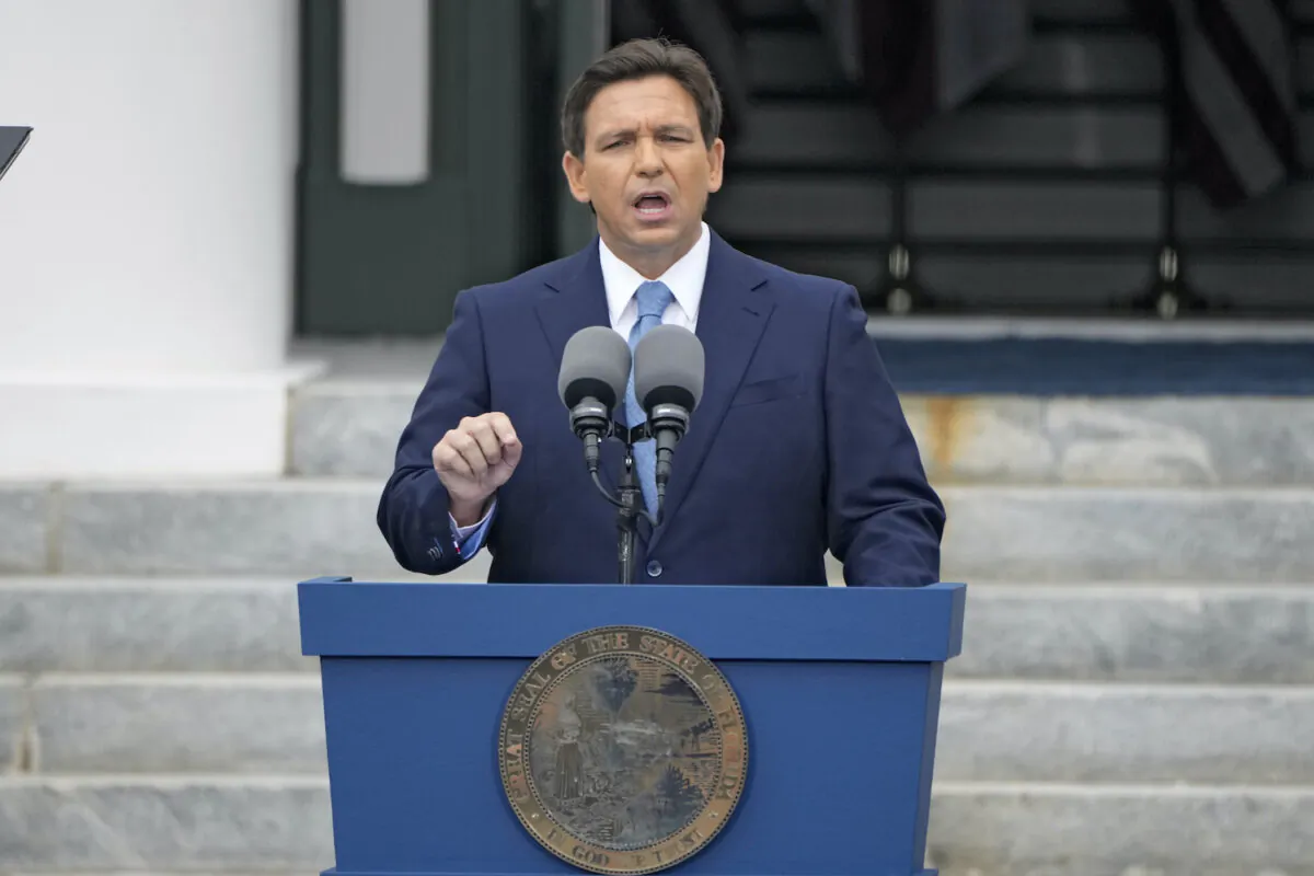 Florida Gov. Ron DeSantis speaks after being sworn in to begin his second term during an inauguration ceremony outside the Old Capitol in Tallahassee, Fla. on Jan. 3, 2023. (AP Photo/Lynne Sladky)