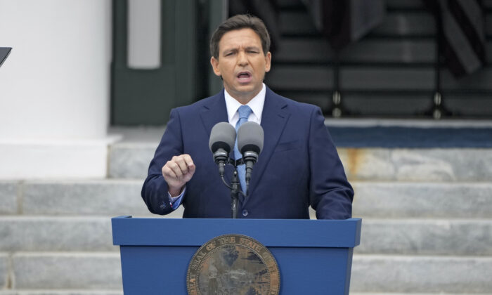 Florida Gov. Ron DeSantis speaks after being sworn in to begin his second term during an inauguration ceremony outside the Old Capitol in Tallahassee, Fla. on Jan. 3, 2023. (AP Photo/Lynne Sladky)