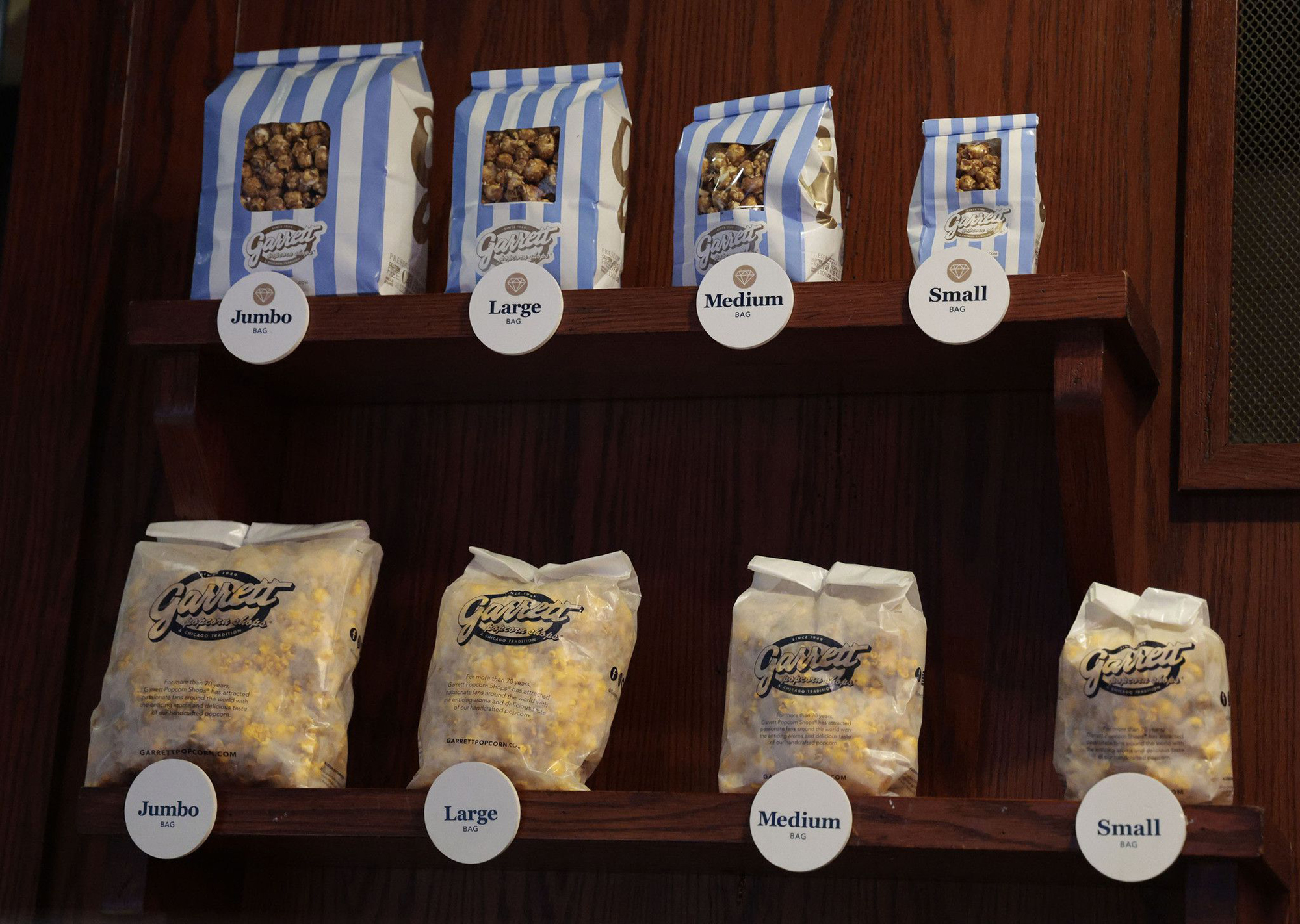 Assorted sizes of popcorn are on display at Garrett Popcorn Shops’ flagship store on Michigan Avenue on Jan. 12, 2023, in Chicago.