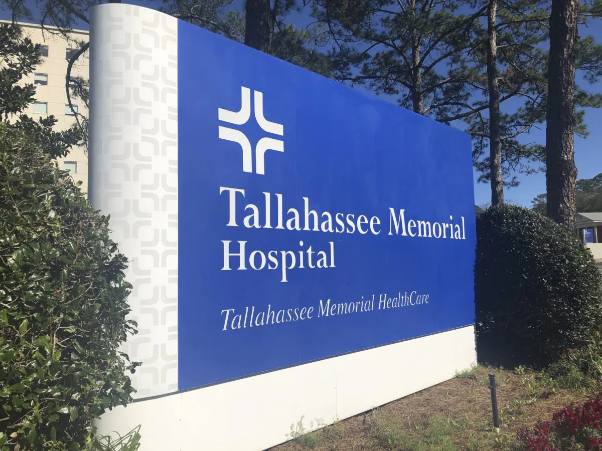 A sign stands outside Tallahassee Memorial Hospital in Tallahassee, Fla., on Feb. 3, 2023. (Anthony Izaguirre/AP Photo)