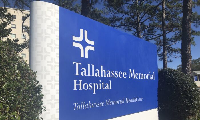 A sign stands outside Tallahassee Memorial Hospital in Tallahassee, Fla., on Feb. 3, 2023. (Anthony Izaguirre/AP Photo)