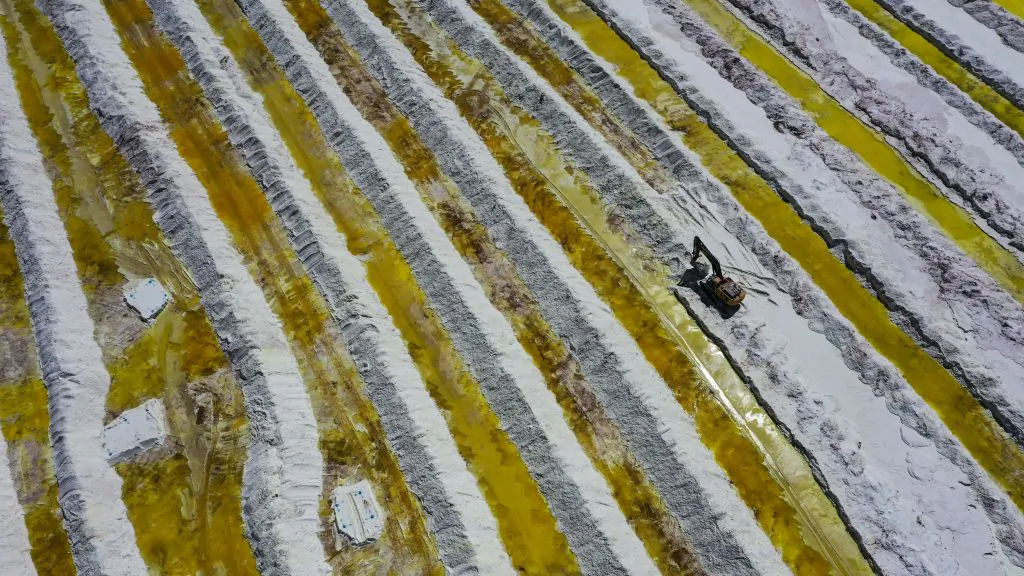 Aerial view of brine ponds and processing areas of the lithium mine of the Chilean company SQM (Sociedad Quimica y Minera) in the Atacama Desert, Calama, Chile, on Sept. 12, 2022. (Martin Bernetti / AFP)