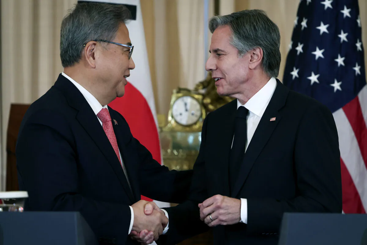 U.S. Secretary of State Antony Blinken (R) shakes hands with the South Korean Foreign Minister Park Jin (L) at the conclusion of an event at the State Department on Feb. 3, 2023 in Washington. Blinken canceled a planned diplomatic trip to China as a result of an incident involving a Chinese surveillance ballon identified in U.S. airspace. (Win McNamee/Getty Images)