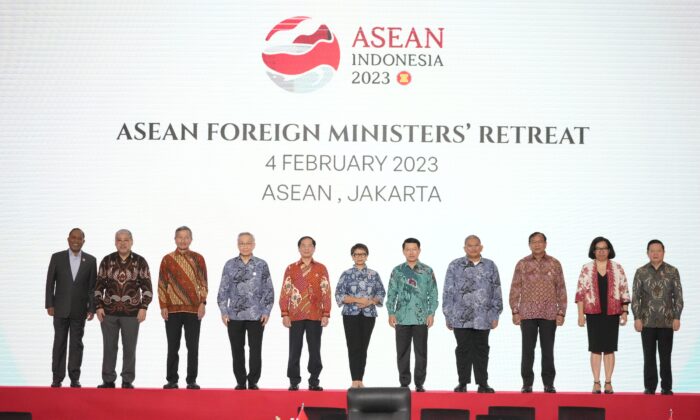(L–R) Malaysian Foreign Minister Zambry Abdul Kadir, Philippine's Foreign Secretary Enrique Manalo, Singaporean Foreign Minister Vivian Balakrishnan, Thailand's Foreign Minister Don Pramudwinai, Vietnam's Foreign Minister Bui Thanh Son, Indonesian Foreign Minister Retno Marsudi, Laotian Foreign Minister Saleumxay Kommasith, Brunei's Second Minister of Foreign Affair Erywan Yusof, Cambodia's Foreign Minister Prak Sokhonn, East Timor's Foreign Minister Adaljiza Magno, and ASEAN Secretary General Kao Kim Hourn pose for a group photo during the Association of Southeast Asian Nations (ASEAN) foreign ministers retreat in Jakarta, Indonesia, on Feb. 4, 2023. (Achmad Ibrahim/AP Photo)