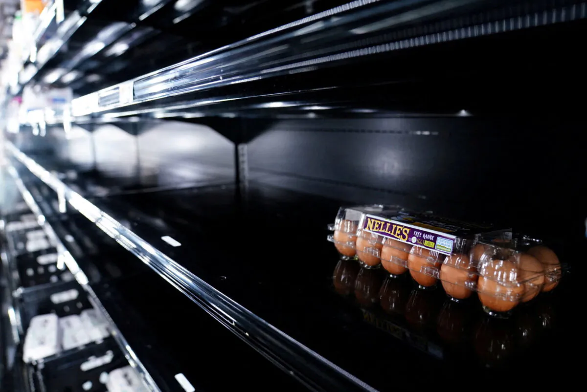 An egg display case is seen nearly empty at a Giant Food grocery store in Washington on Jan. 9, 2022. (Sarah Silbiger/Reuters)