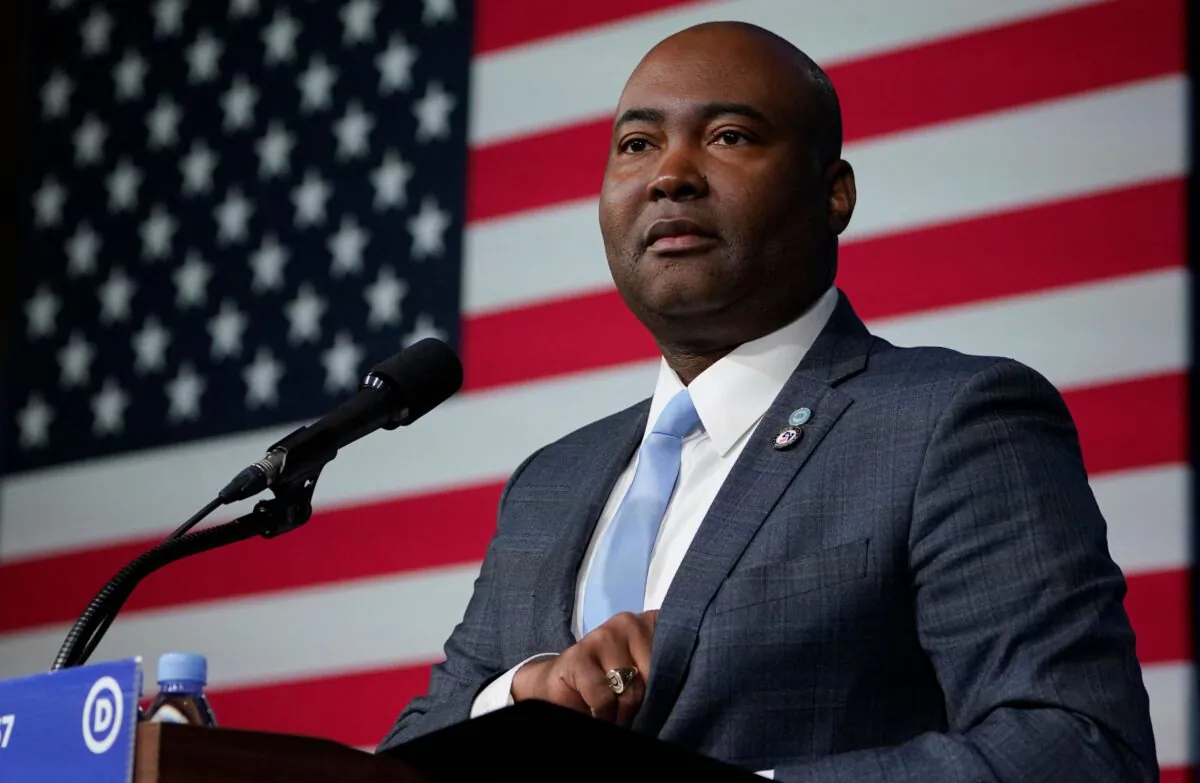 Jaime Harrison, chair of the Democratic National Committee (DNC), speaks at the DNC Winter Meeting in Philadelphia on Feb. 4, 2023. (Timothy A. Clary/AFP via Getty Images)