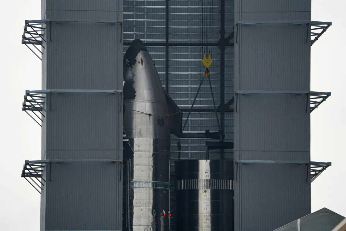 A Starship prototype being worked on is pictured at the SpaceX South Texas launch site in Brownsville, Texas, on May 22, 2022. (Veronica G. Cardenas/Reuters)