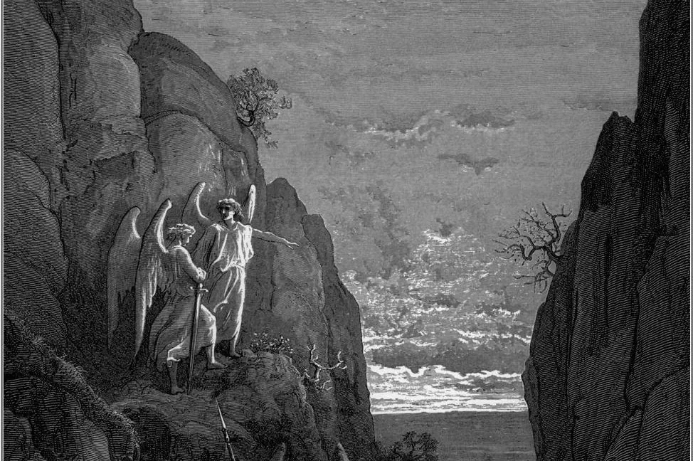 A detail of one engraving by Gustave Doré for John Milton’s “Paradise Lost” showing two angels discussing an evil spirit that may have come to earth. (Public Domain)