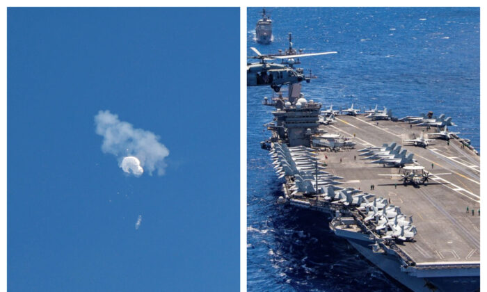 (Left) The Chinese balloon drifts to the ocean after being shot down off the coast in Surfside Beach, S.C., on Feb. 4, 2023. (Right) The aircraft carrier USS Carl Vinson participates in a group sail during the Rim of the Pacific exercise off the coast of Hawaii on July 26, 2018. (Randall Hill/Reuters; Petty Officer 1st Class Arthurgwain L. Marquez/U.S. Navy via AP)