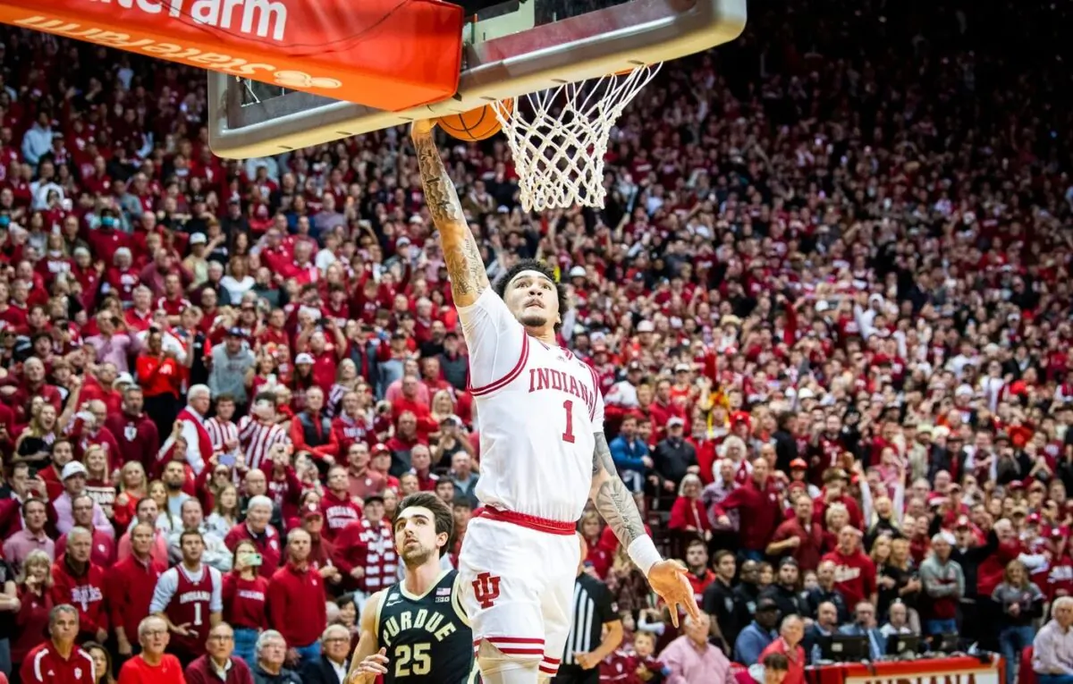 Indiana's Jalen Hood-Schifino (1) dunks during the second half of the Indiana versus Purdue men's basketball game at Simon Skjodt Assembly Hall Bloomington, Ind., on Feb. 4, 2023. (©Rich Janzaruk/Herald-Times/USA TODAY NETWORK via Field Level Media)