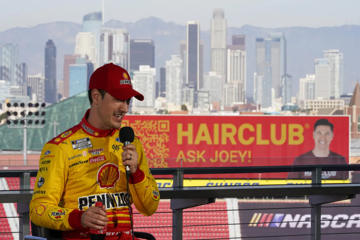 NASCAR Cup Series driver Joey Logano (22) speaks to reporters ahead of practice sessions before a NASCAR exhibition auto race at Los Angeles Memorial Coliseum in Los Angeles on Feb. 4, 2023. (Ashley Landis/AP Photo)