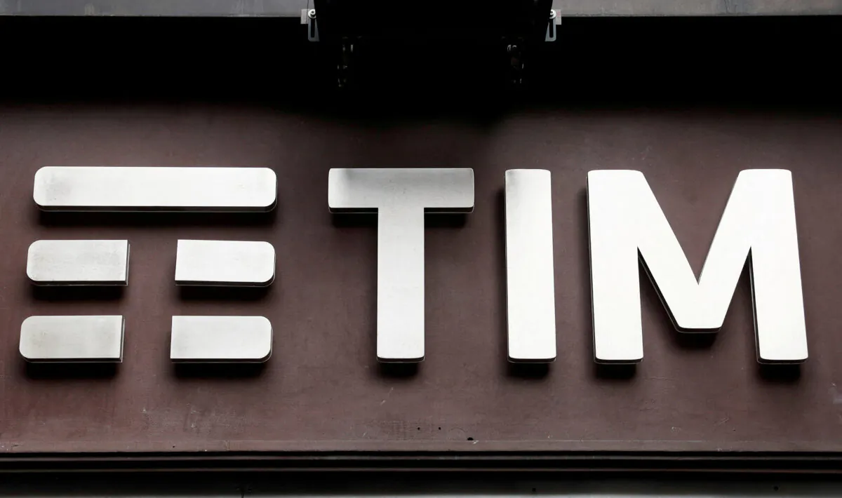 The TIM logo at its headquarters in Rome on Nov. 22, 2021. (Yara Nardi/Reuters)