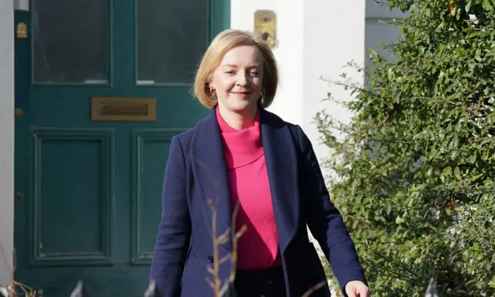 Former Prime Minister Liz Truss leaves her house in southeast London on Feb. 5, 2023. (Jonathan Brady/PA Media)