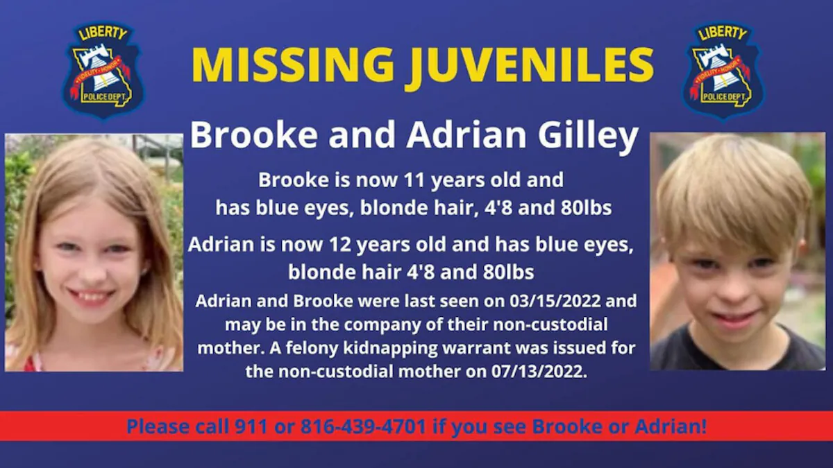 A notice that shows two missing children Brooke and Adrian Gilley. (Liberty Missouri Police Department)