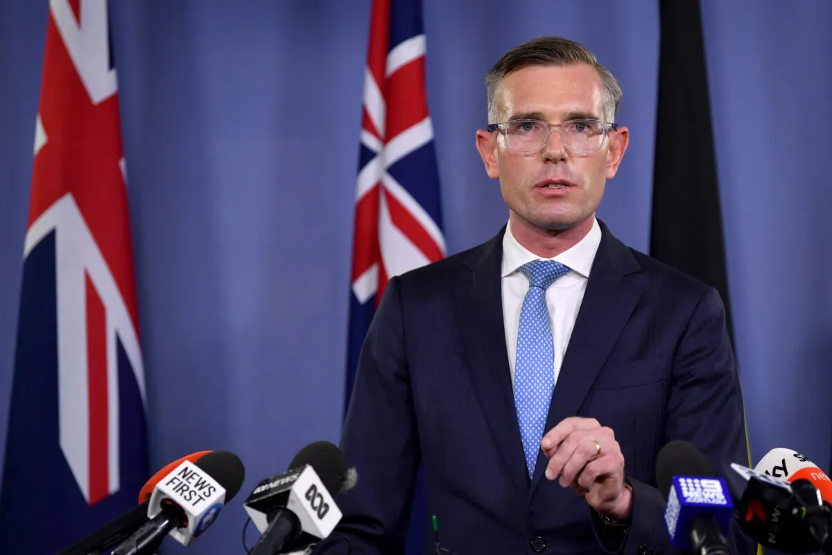 Former NSW Premier Dominic Perrottet addresses the media in relation to poker machines in Sydney, Australia, on Feb. 6, 2023. (AAP Image/Bianca De Marchi)