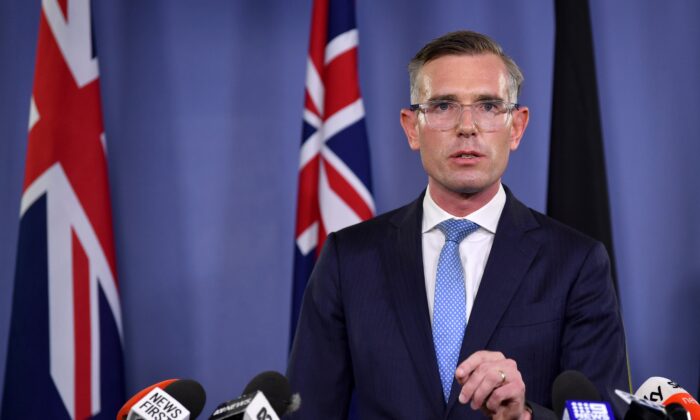 NSW Premier Dominic Perrottet addresses the media in relation to poker machines in Sydney, Australia, on Feb. 6, 2023. (AAP Image/Bianca De Marchi)