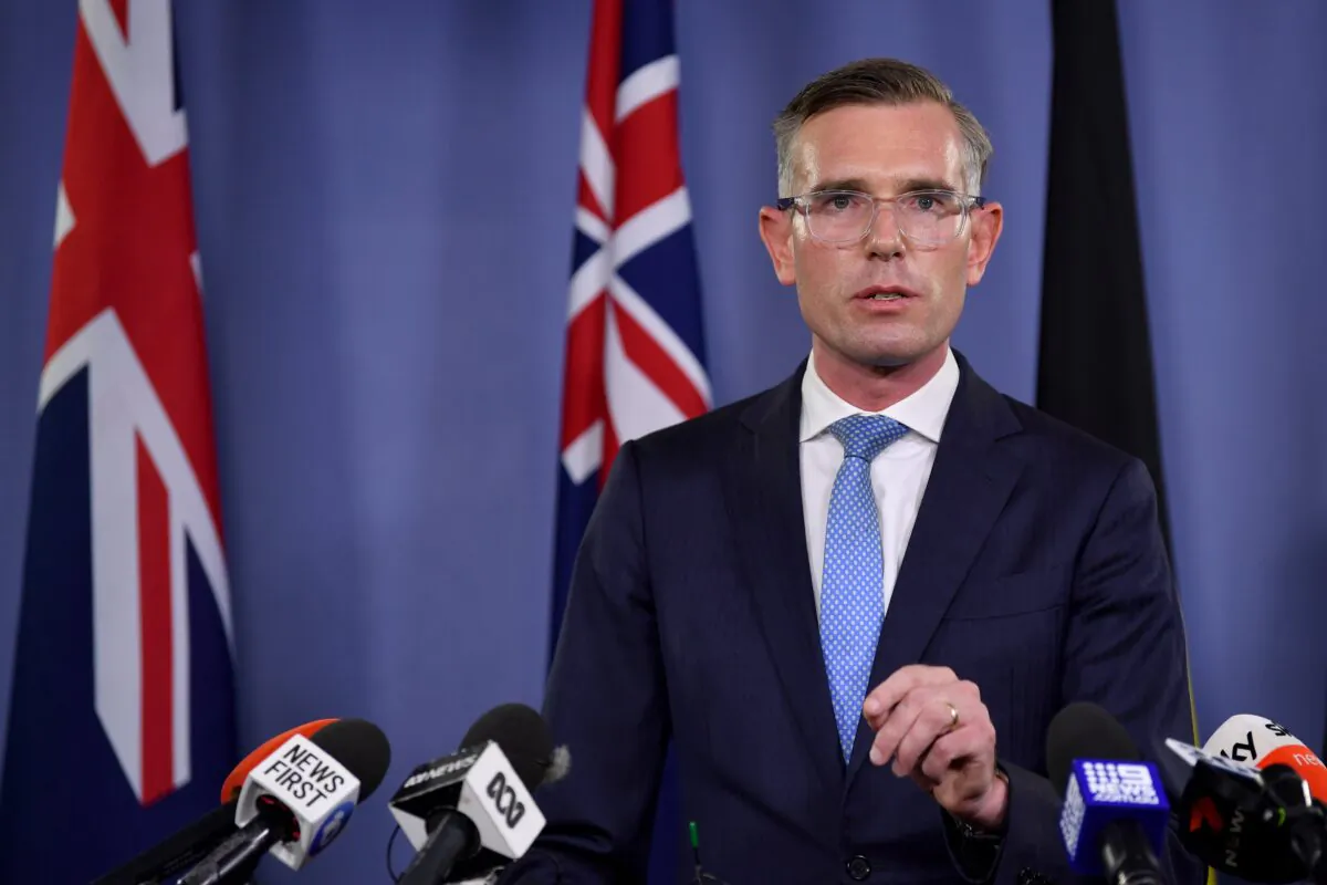 NSW Premier Dominic Perrottet addresses the media in relation to poker machines in Sydney, Australia, on Feb. 6, 2023. (AAP Image/Bianca De Marchi)