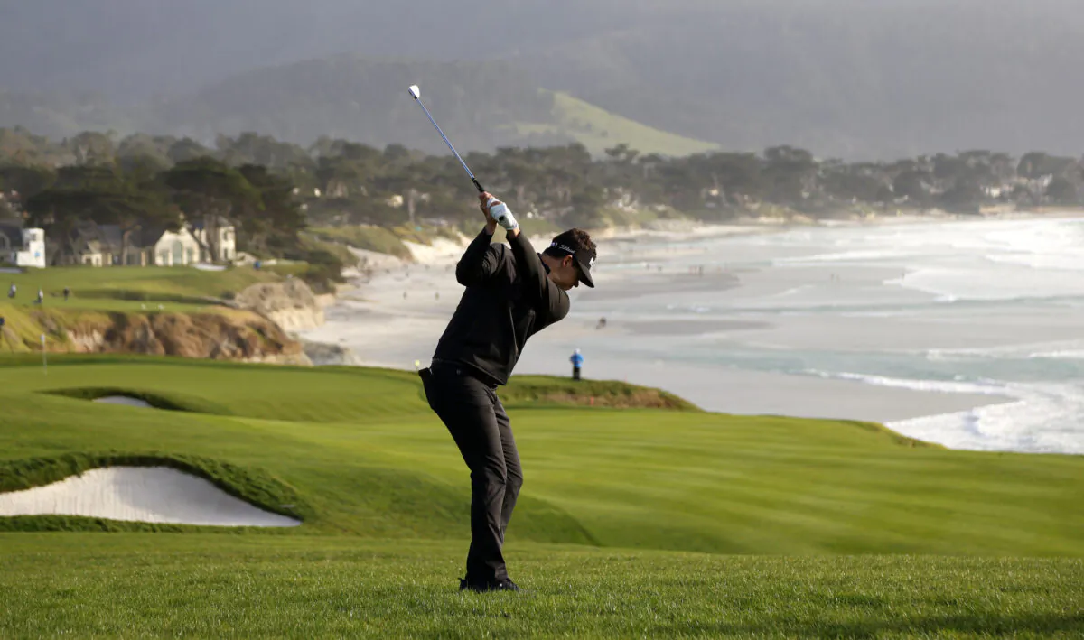 Beau Hossler of the United States plays a second shot on the ninth hole during the final round of the AT&T Pebble Beach Pro-Am at Pebble Beach Golf Links in Pebble Beach, Calif., on Feb. 5, 2023. (Jed Jacobsohn/Getty Images)
