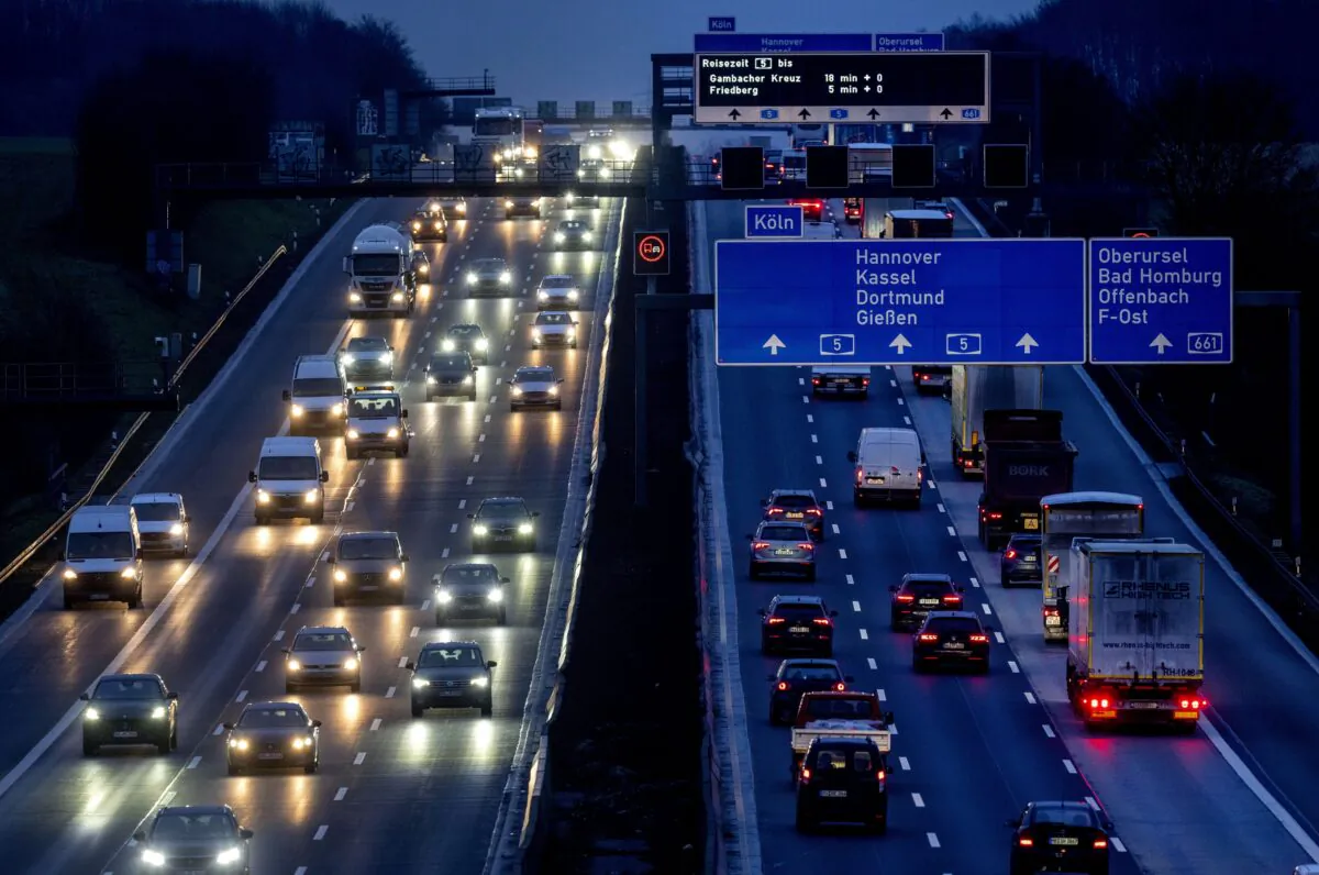 Cars and trucks drive on a highway in Frankfurt, Germany, on Jan. 27, 2023. (Michael Probst/AP Photo)