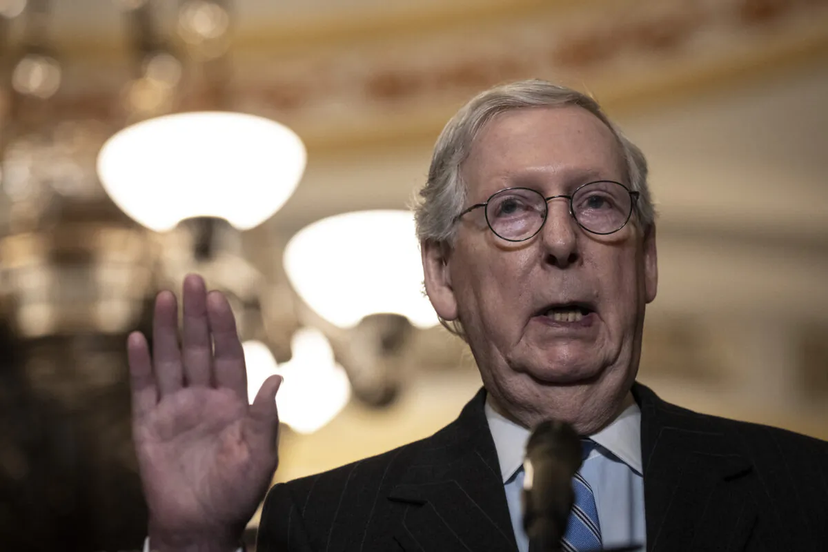 Senate Minority Leader Mitch McConnell (R-Ky.) speaks during a news conference following a closed-door lunch meeting with Senate Republicans at the Capitol in Washington, on Jan. 31, 2023. (Drew Angerer/Getty Images)