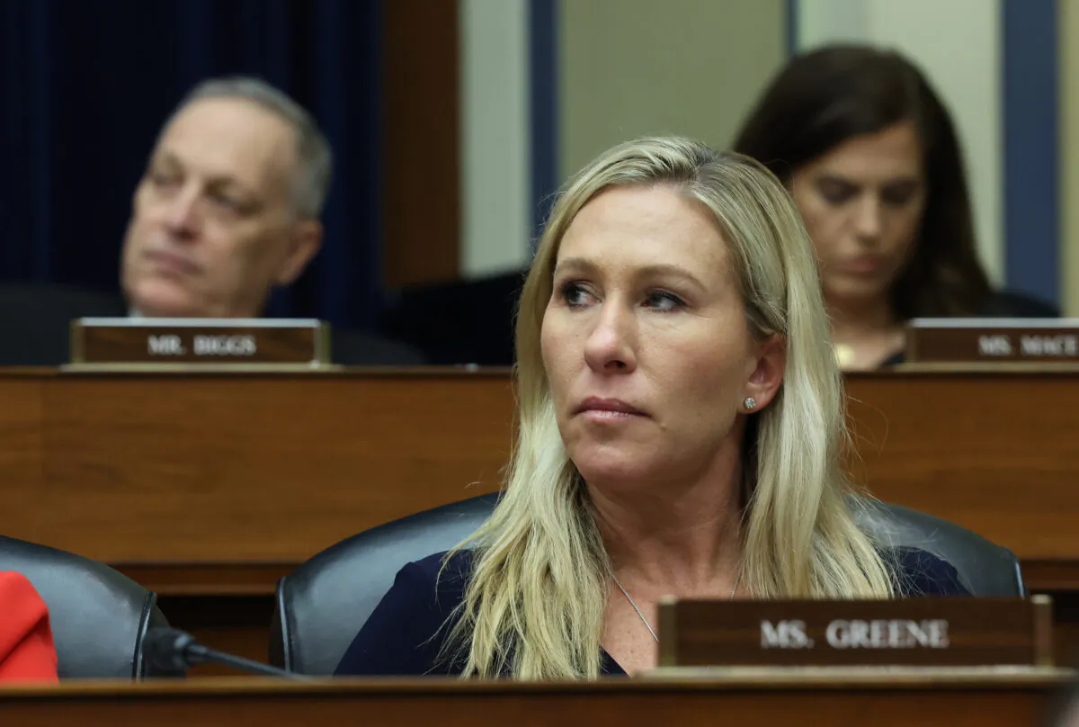 Rep. Marjorie Taylor Greene (R-Ga.) participates in a meeting of the House Oversight and Reform Committee in the Rayburn House Office Building in Washington on Jan. 31, 2023. (Kevin Dietsch/Getty Images)