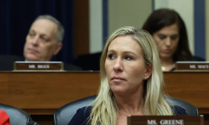 Rep. Marjorie Taylor Greene (R-Ga.) participates in a meeting of the House Oversight and Reform Committee in the Rayburn House Office Building in Washington on Jan. 31, 2023. (Kevin Dietsch/Getty Images)