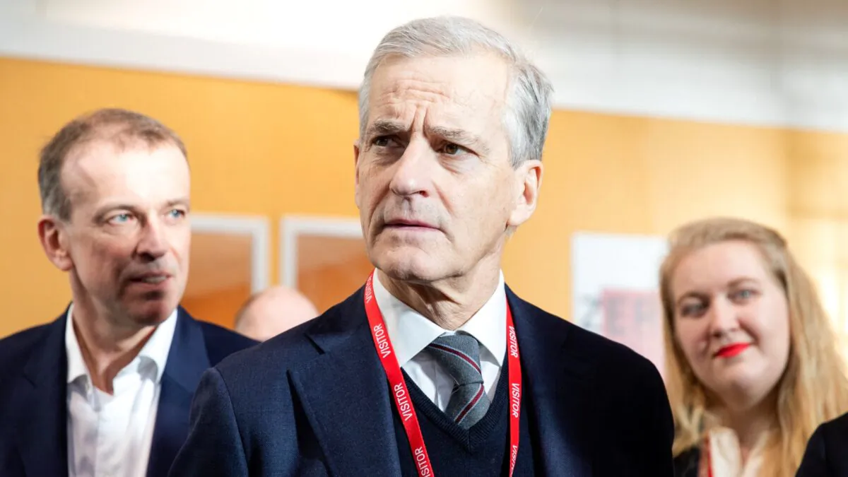 Norway's Prime Minister Jonas Gahr Store (C) is seen during a visit to the Kongsberg Defence & Aerospace weapons factory in Kongsberg, Norway on Jan. 30, 2023. (Petter Berntsen/AFP via Getty Images)