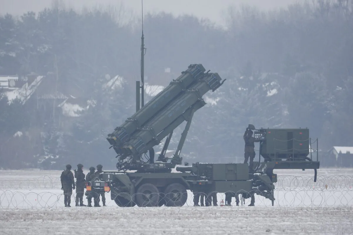 Patriot missile launchers acquired from the United States last year are deployed in Warsaw, Poland, on Feb. 6, 2023. (Michal Dyjuk/AP Photo)