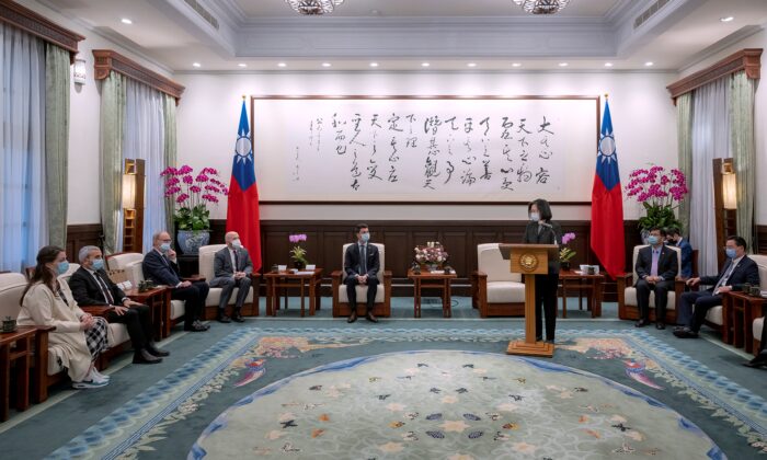 Taiwan's President Tsai Ing-wen (center R) speaks during a meeting with Swiss lawmakers in Taipei, Taiwan, on Feb. 6, 2023. (Taiwan Presidential Office via AP)