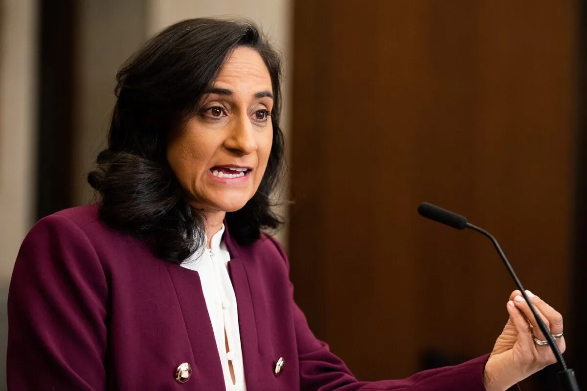 Minister of National Defence Anita Anand holds a media availability on Parliament Hill in Ottawa, on Jan. 26, 2023. (The Canadian Press/Spencer Colby)
