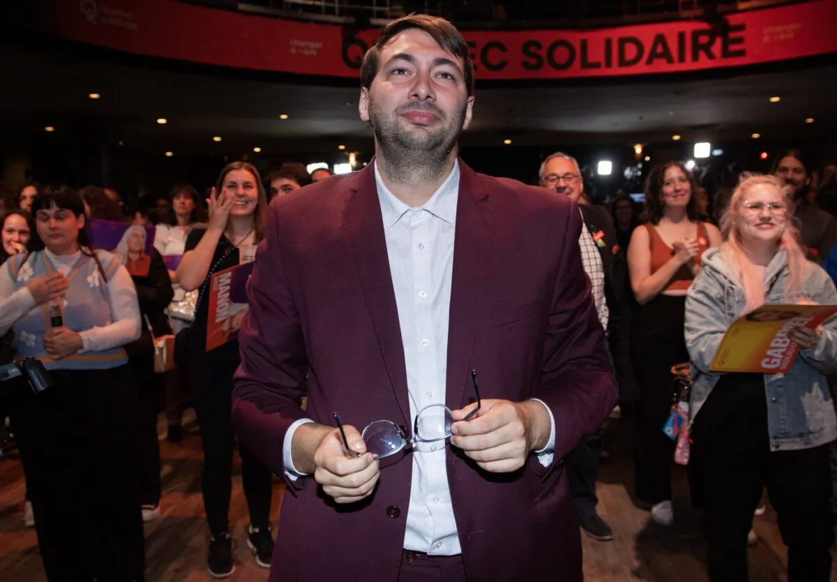 Guillaume Cliche-Rivard looks on at Quebec solidaire headquarters on Quebec election night in Montreal, Oct. 3, 2022. (The Canadian Press/Graham Hughes)
